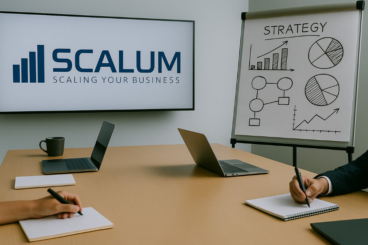 Business-Strategie-Meeting mit Scalum-Logo: Team diskutiert Unternehmenswachstum, Skalierung und Marketing-Strategien mit Diagrammen und Notizen im Konferenzraum.